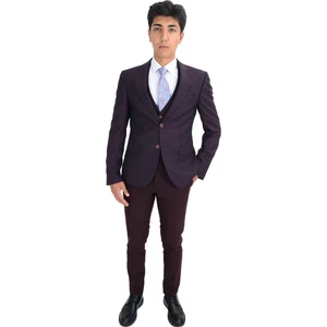 Cengiz İnler Ekose Desen Kombinli Yelekli Erkek Takım Elbise