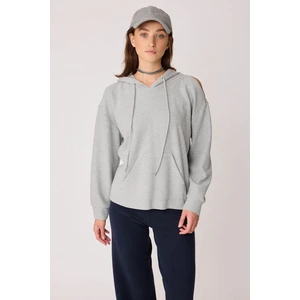 Omuz Dekolteli Kanguru Cep Kapüşonlu Sweatshirt