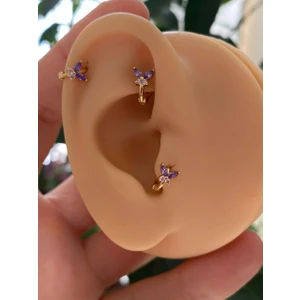 Ares Collection Cerrahi Çelik Mor Zirkon Taşlı Kelebek Halka Tragus Rook Helix Uyumlu Piercing Küpe