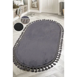 Relax Antrasit Oval Salon Oda Koridor Halısı Ponpon Saçaklı Yıkanabilir Kaymaz Taban Peluş Yolluk