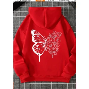 Kids Face Kapüşonlu Beyaz Kelebek Sırt Baskılı 3 İplik Şardonlu Kışlık Kız Çocuk Sweatshirt