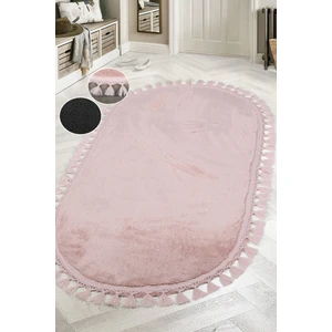 Relax Pudra Oval Salon Oda Koridor Halısı Ponpon Saçaklı Yıkanabilir Kaymaz Post Peluş Yolluk