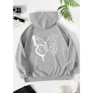 Kids Face Kapüşonlu Beyaz Kelebek Sırt Baskılı 3 İplik Şardonlu Pamuk Kız Çocuk Sweatshirt