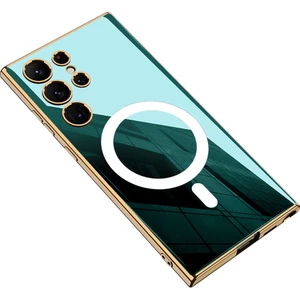 Samsung Galaxy S23 Ultra Kılıf Zore Wireless Şarj Özellikli Kenarları Gold Kaplama Aynalı Kent Kapak