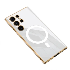 Samsung Galaxy S23 Ultra Kılıf Zore Wireless Şarj Özellikli Kenarları Gold Kaplama Aynalı Kent Kapak