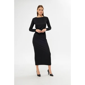 COESTA Nancy Siyah Bisiklet Yaka Sırt Açık Uzun Kol Maxi Kadın Elbise