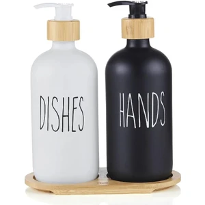 Bambu Standlı 2’li Siyah-Beyaz Mutfak Sıvı Sabunluk ve Deterjanlık Seti 500ML+500ML