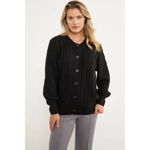 Sıfır Yaka Düğmeli Triko Hırka - Siyah