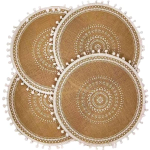 Yuvarlak Placemats 4'lü Set, Yemek Odası Mutfak Masa Dekoru Için Ponponlu Boho Dokuma Masa Paspasları (Beyaz Top) (Yurt Dışından)
