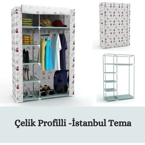 Tek Yandan Raflı Çelik Profilli Bez Dolap Kumaş Gardrop