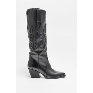 Siyah Deri Kadın Western Çizme