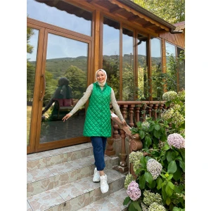 Despina Kapitone Fermuarlı Çıtçıtlı Kolsuz Yelek - (38-46) - 71150 - Koyu Yeşil