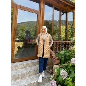 Despina Kapitone Fermuarlı Çıtçıtlı Kolsuz Yelek - (38-46) - 71150 - Bej