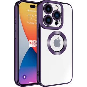Caseart Apple iPhone 15 Pro Max Kapak Yanları Renkli Lens Korumalı Logo Gösteren Şeffaf Luxury Silikon Kılıf - Mor