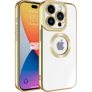 Caseart Apple iPhone 15 Pro Max Kapak Yanları Renkli Lens Korumalı Logo Gösteren Şeffaf Luxury Silikon Kılıf - Gold
