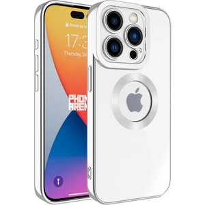Caseart Apple iPhone 15 Pro Kapak Yanları Renkli Lens Korumalı Logo Gösteren Şeffaf Luxury Silikon Kılıf - Gümüş
