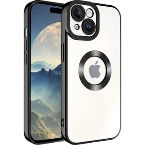 Apple iPhone 15 Plus Kapak Yanları Renkli Lens Korumalı Logo Gösteren Şeffaf Luxury Silikon Kılıf - Siyah