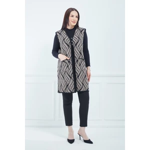 Fresh Moda Kadın Vizon Desenli Cepli Uzun Kışlık Triko Anne Yelek