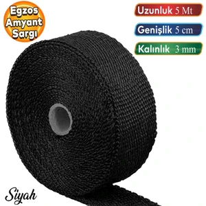 5 Metre 5 cm Cam Elyaf Eksoz Sargısı Manifold Sargı Bezi Yanmaz Bant Siyah Amyant 3 mm (Kalınlık)