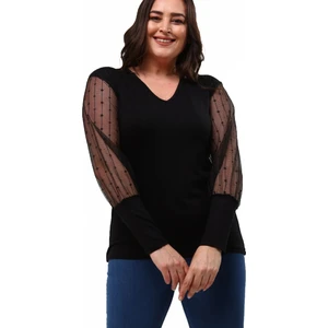 Kadın Büyük Beden Transparan Çizgi Kol Detaylı Siyah Bluz