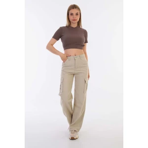 Kadın Bej Yüksek Bel Geniş Paça Wide Leg Kargo Pantolon