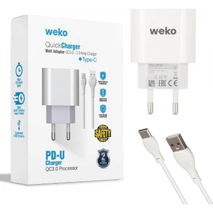 WK-21442 Pdu Qc 3.0 Amper Şarj Başlık Adaptörü + Type-C Kablo (No:1) Var Yok Universal Beyaz
