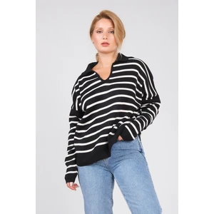 Giyim Dünyası Kadın Polo Yaka Ince Çizgili Triko Kazak Siyah