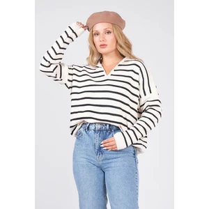 Giyim Dünyası Kadın Polo Yaka Ince Çizgili Triko Kazak Bej