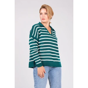 Giyim Dünyası Kadın Polo Yaka Ince Çizgili Triko Kazak Zümrüt