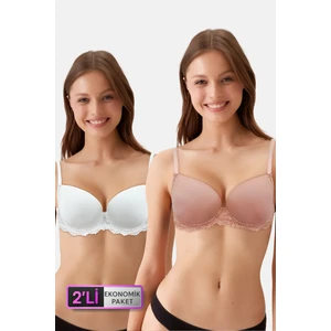 Pierre Cardin 2'li Ekonomik Paket Ekru - Pink Nude 6807 Kansas Dantelli Micro Saten Sütyen Set (D Cup Seçeneğiyle)