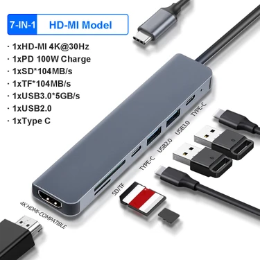 Jingyi USB C Hub 4K 30Hz Tip C - HDMI Uyumlu Pd 87W Adaptör Macbook Air Pro Samsung USB 3.0 Hub