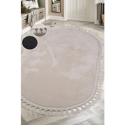Relax Krem Oval Salon Oda Koridor Halısı Ponpon Saçaklı Yıkanabilir Kaymaz Dekoratif Peluş Yolluk