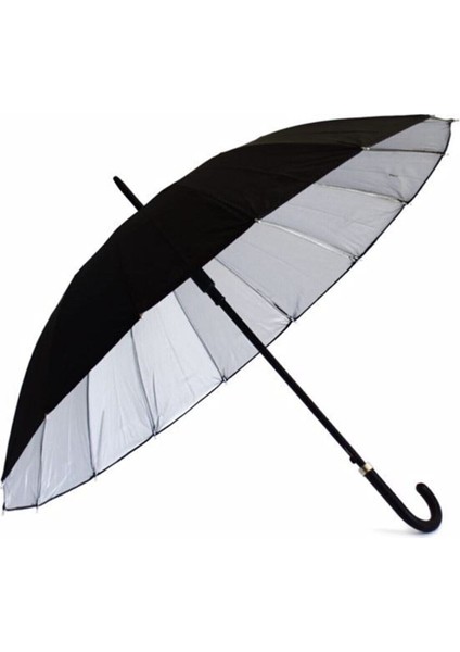 16 Telli Dışı Siyah İçi Gümüş Renk Baston Şemsiye 80 cm 555-1