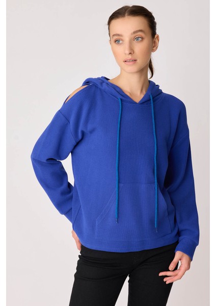 Omuz Dekolteli Kanguru Cep Kapüşonlu Sweatshirt