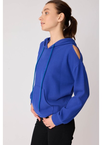 Omuz Dekolteli Kanguru Cep Kapüşonlu Sweatshirt fırsatları