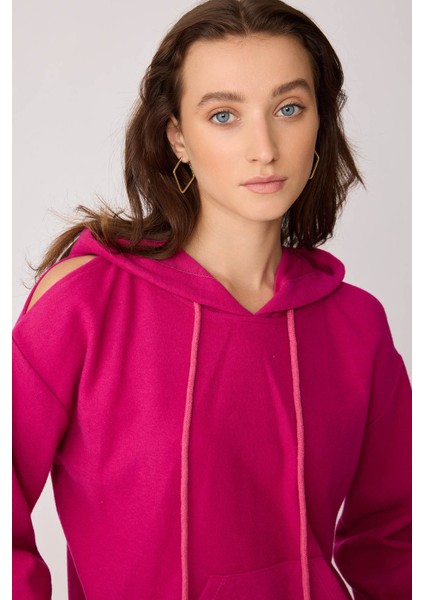 Omuz Dekolteli Kanguru Cep Kapüşonlu Sweatshirt fırsatları
