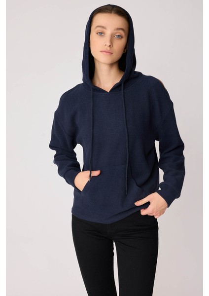 Omuz Dekolteli Kanguru Cep Kapüşonlu Sweatshirt fırsatları