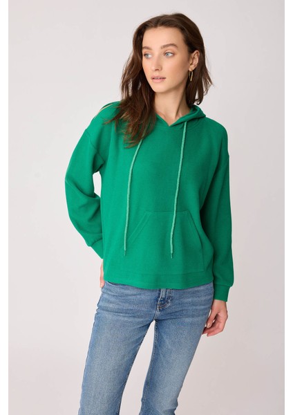 Omuz Dekolteli Kanguru Cep Kapüşonlu Sweatshirt