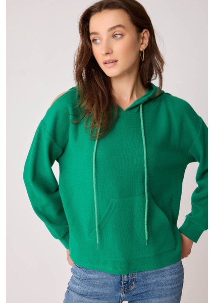 Omuz Dekolteli Kanguru Cep Kapüşonlu Sweatshirt fırsatları