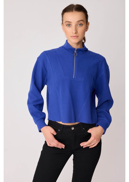Dik Yaka Fermuarlı Örme Sweatshirt