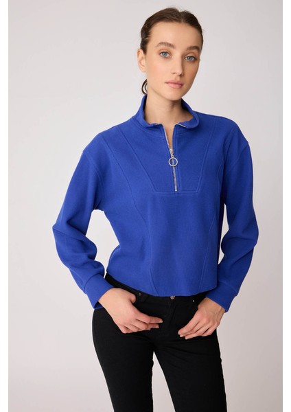 Dik Yaka Fermuarlı Örme Sweatshirt fırsatları