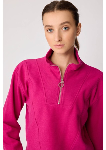 Dik Yaka Fermuarlı Örme Sweatshirt fiyatları