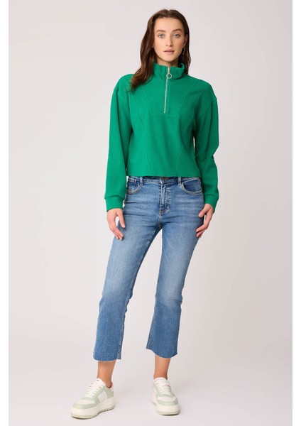 Dik Yaka Fermuarlı Örme Sweatshirt