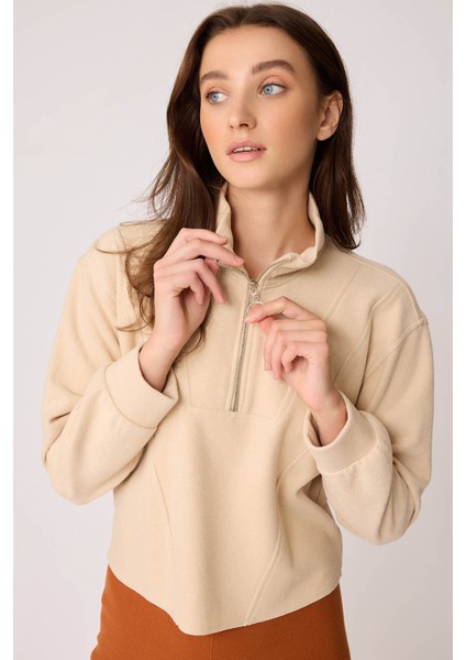 Dik Yaka Fermuarlı Örme Sweatshirt fırsatları