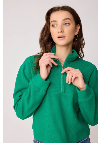 Dik Yaka Fermuarlı Örme Sweatshirt fırsatları
