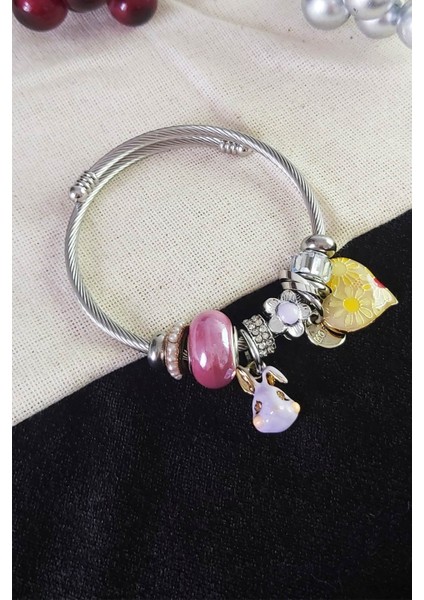 Papatya Kalpli Lila Tavşan Charmlı Pandora Modeli Çelik Bileklik modelleri