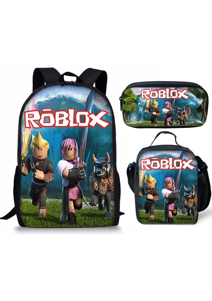 3D Yeni Roblox Öğrenci Okul Çantası Yemek Çantası Kalem Baskı Sırt Çantası Üç Parçalı Set (Yurt Dışından)