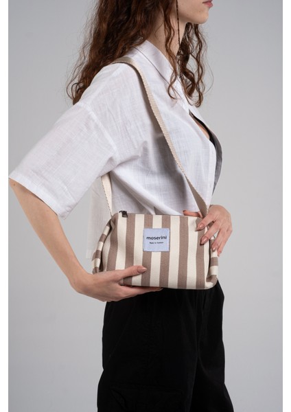 Stella Kadın Gri Çizgi Desenli Kanvas Omuz Çantası