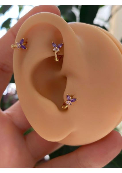 Cerrahi Çelik Mor Zirkon Taşlı Kelebek Halka Tragus Rook Helix Uyumlu Piercing Küpe