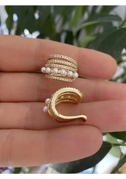 Ares Collection Kararmaz Zirkon Taşlı Incili Earcuff Sıkıştırmalı Kıkırdak Conch Orbital Delik Gerektirmeyen Küpe